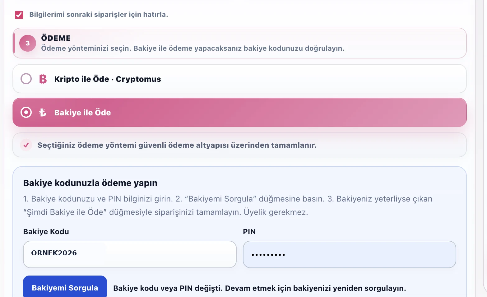 Örnek bakiye kodu ve maskelenmiş PIN ile doldurulmuş bakiye formu