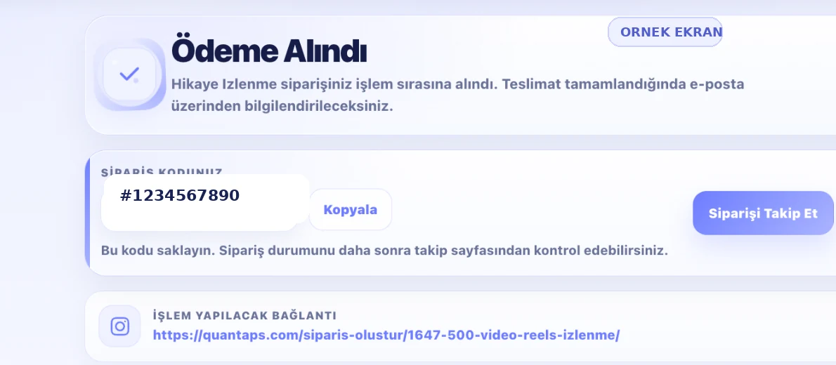 Örnek Ödeme Alındı onay ekranı ve örnek sipariş kodu