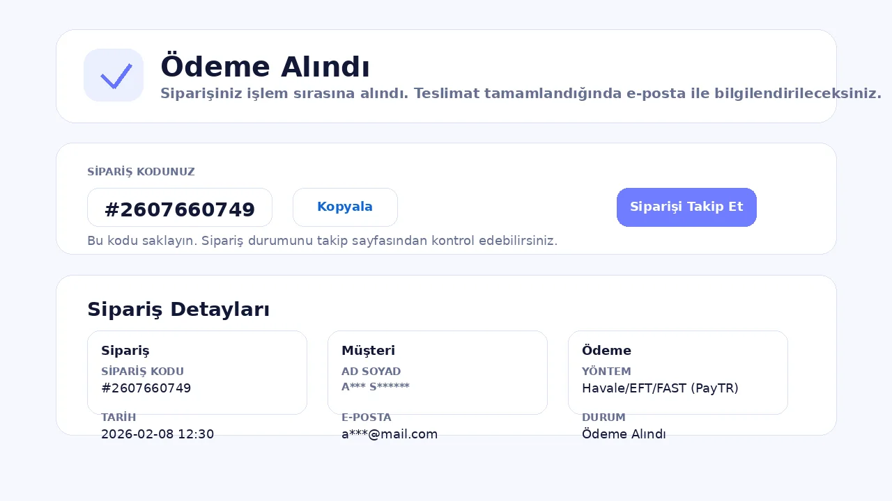 Quantaps ödeme alındı ve sipariş kodu örnek ekranı